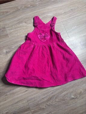 Vintage Y2K Barbie Hot Pink Corduroy Heart Overall Dress Skirt Girls Size 6X